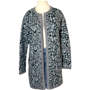 Cynthia Rowley Gray Leopard Knit Acrylic Alpaca Blend Open Long Line Cardigan S